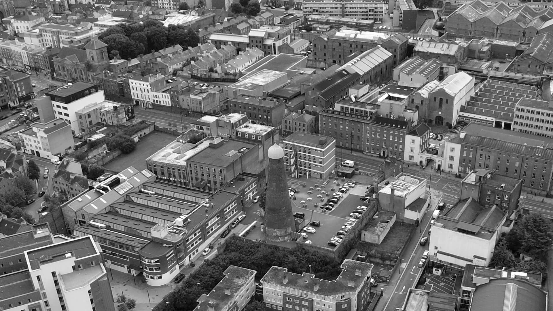 An aerial, black-and-white view of the Digital Hub Campus