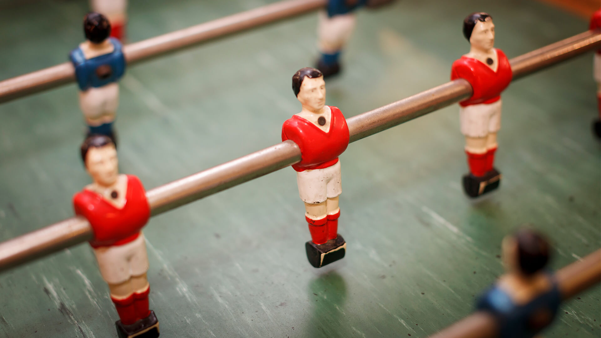 A close-up of the 'Foosball' table in the OneFiveSeven basement area